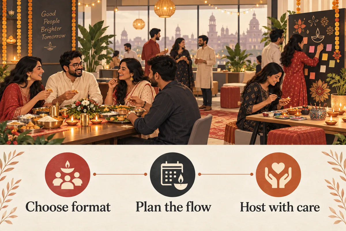 A warmly lit Indian office Diwali gathering with tasteful diyas, colleagues, a shared meal and activity corner.