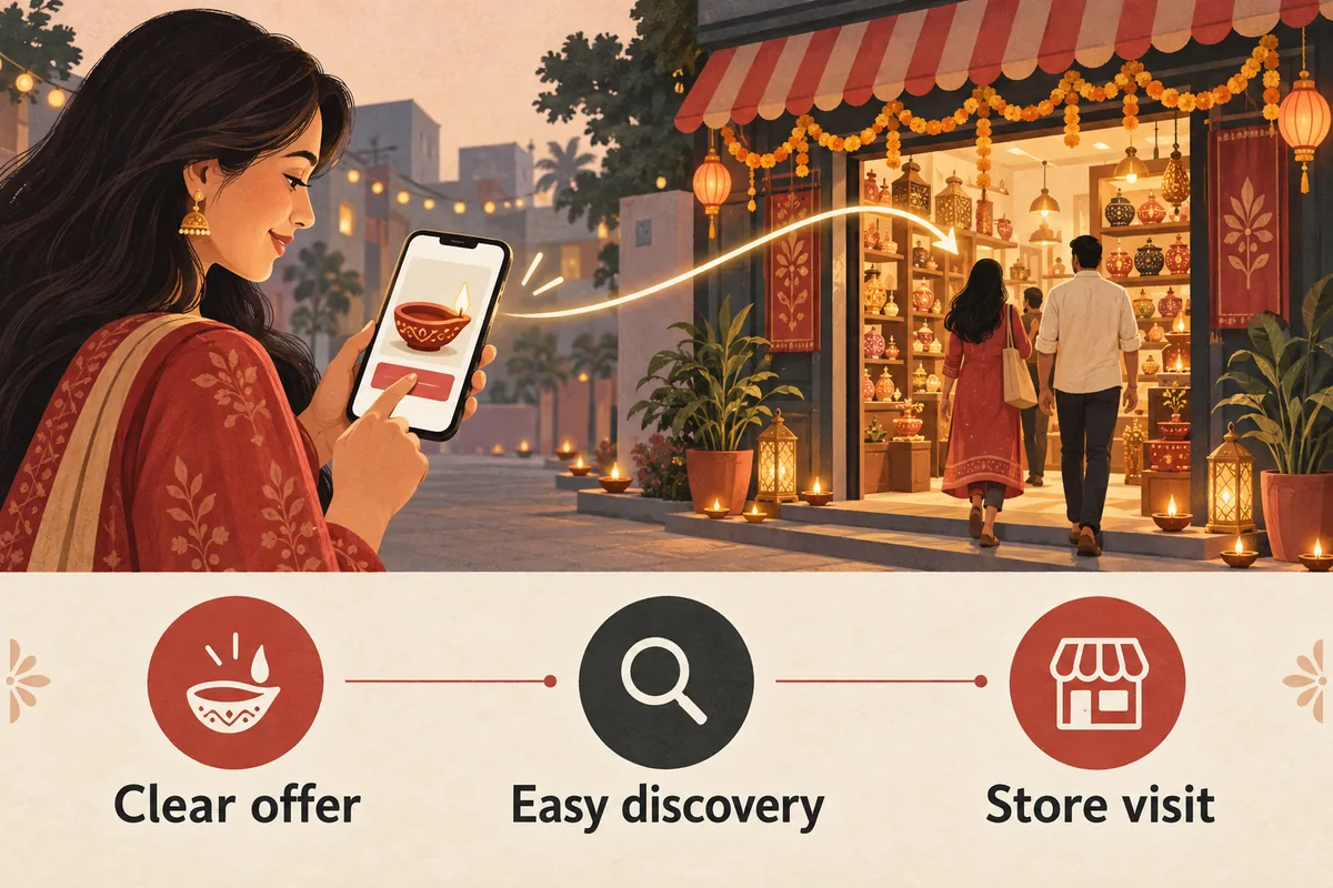 An Indian neighbourhood shop with festive lamps connected visually to a product offer on a smartphone.