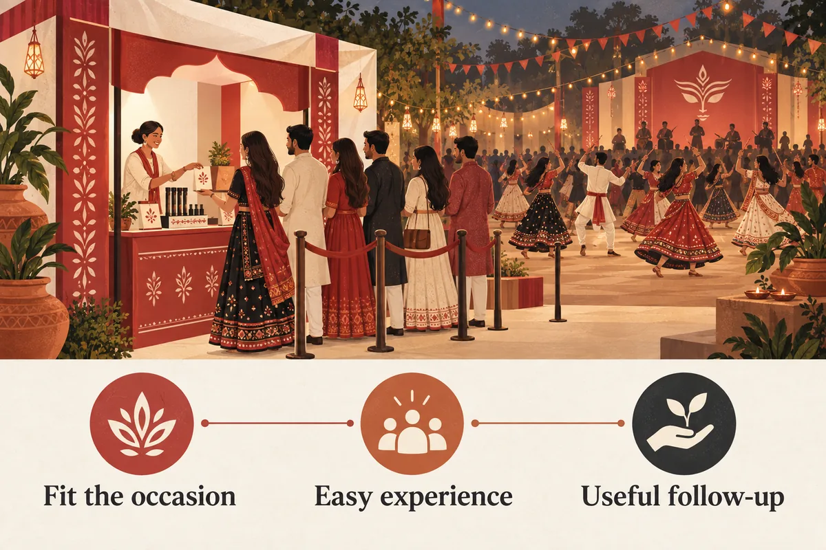 A tasteful Navratri-inspired product experience beside a festive garba gathering with generous queue space.