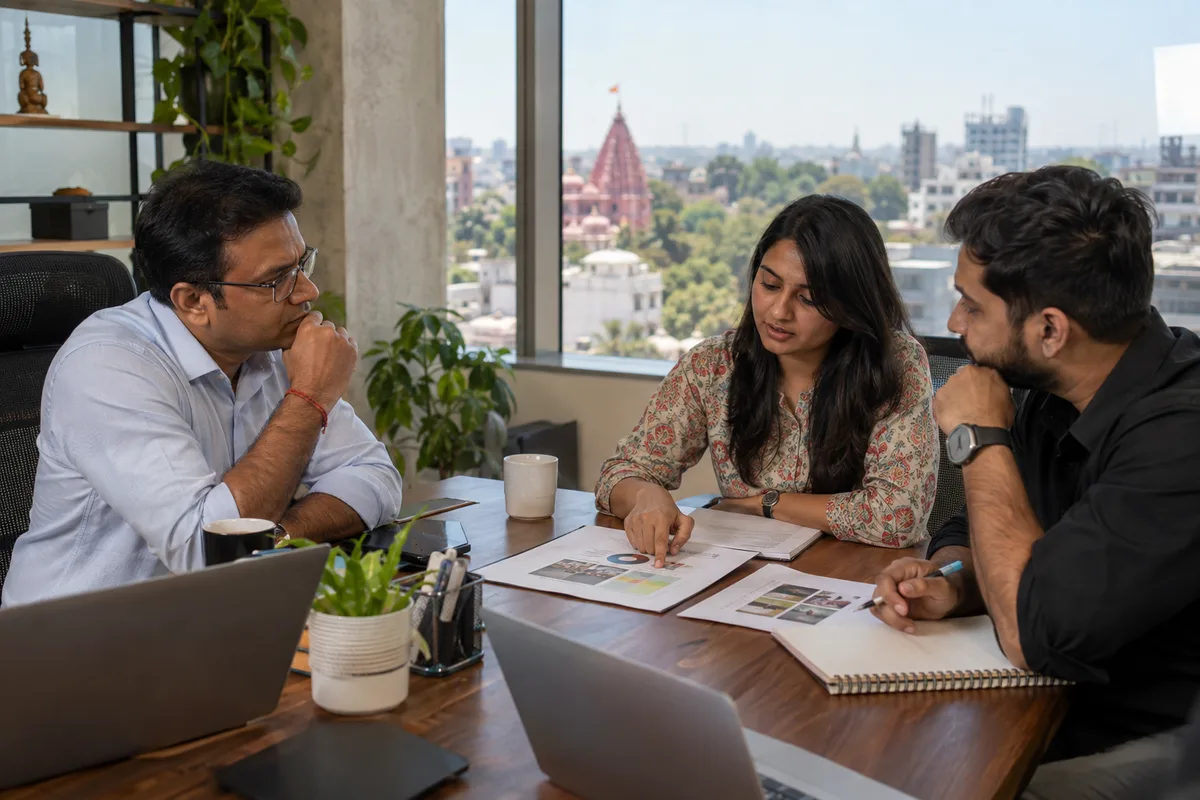 An Indian business owner and marketing specialist reviewing a practical digital campaign plan in a real office.