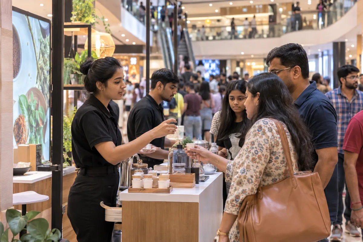 An Indian brand team welcoming visitors to try a product experience at a busy mall.