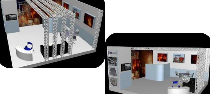 The exhibition hall at INDINOX Ahmedabad, with stalls built for the steel industry show.