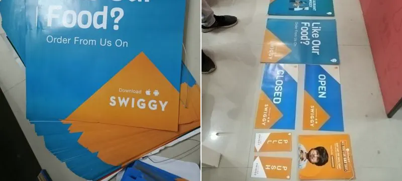 Swiggy branded point-of-purchase material produced for a new city restaurant launch.
